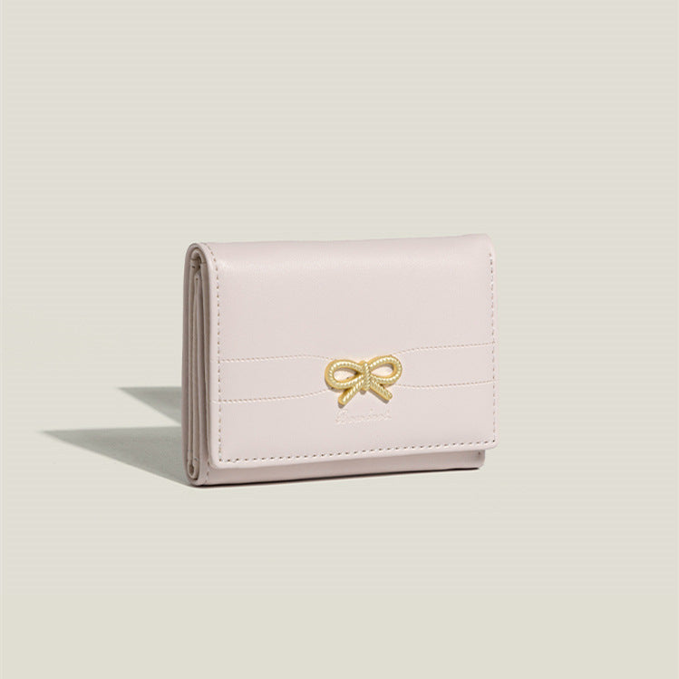 Pink Compact Women's Bow-Accent Wallet - Fresh Minimalist PU Leather Foldable Card Holder with Multiple Slots V888-ELOSUNG23592