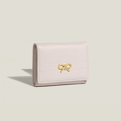 Pink Compact Women's Bow-Accent Wallet - Fresh Minimalist PU Leather Foldable Card Holder with Multiple Slots V888-ELOSUNG23592