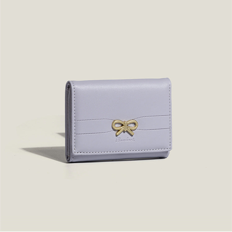 Purple Compact Women's Bow-Accent Wallet - Fresh Minimalist PU Leather Foldable Card Holder with Multiple V888-ELOSUNG23593