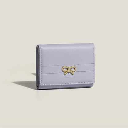 Purple Compact Women's Bow-Accent Wallet - Fresh Minimalist PU Leather Foldable Card Holder with Multiple V888-ELOSUNG23593