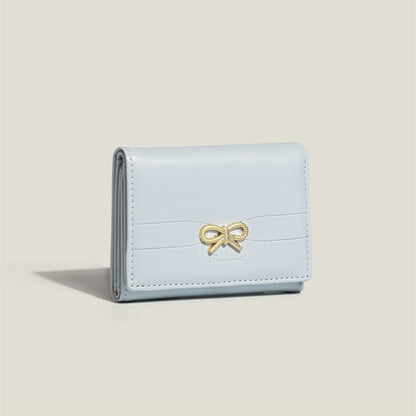 Blue Compact Women's Bow-Accent Wallet - Fresh Minimalist PU Leather Foldable Card Holder with Multiple Slots V888-ELOSUNG23594