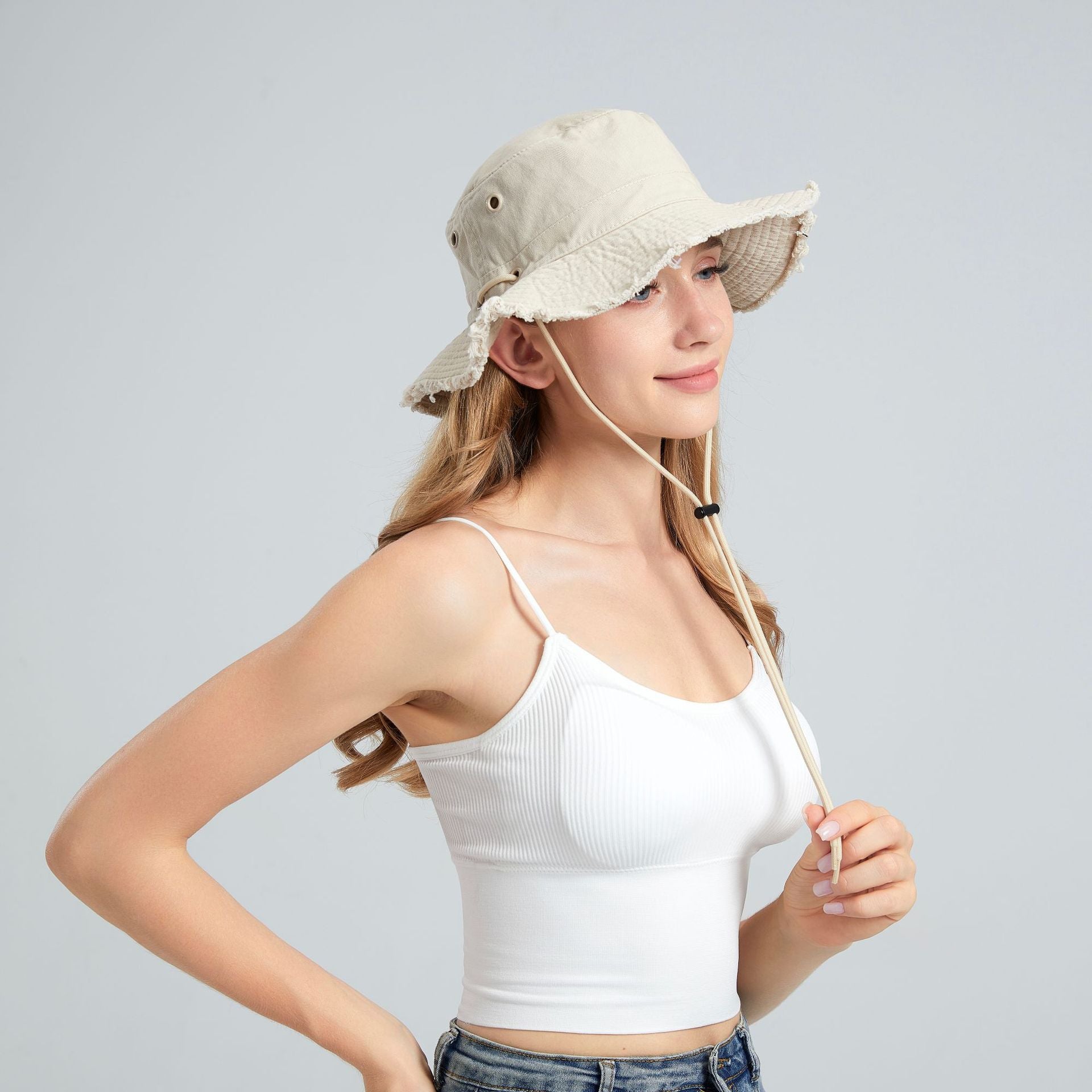 Beige Packable Cotton Bucket Hat - Folds into Wearable Pouch | Frayed Edge Sun Hat with Chin Strap V888-ELOSUNG23649