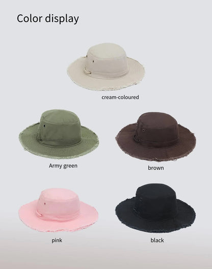 Beige Packable Cotton Bucket Hat - Folds into Wearable Pouch | Frayed Edge Sun Hat with Chin Strap V888-ELOSUNG23649