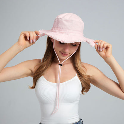 Pink Packable Cotton Bucket Hat - Folds into Wearable Pouch | Frayed Edge Sun Hat with Chin Strap V888-ELOSUNG23652