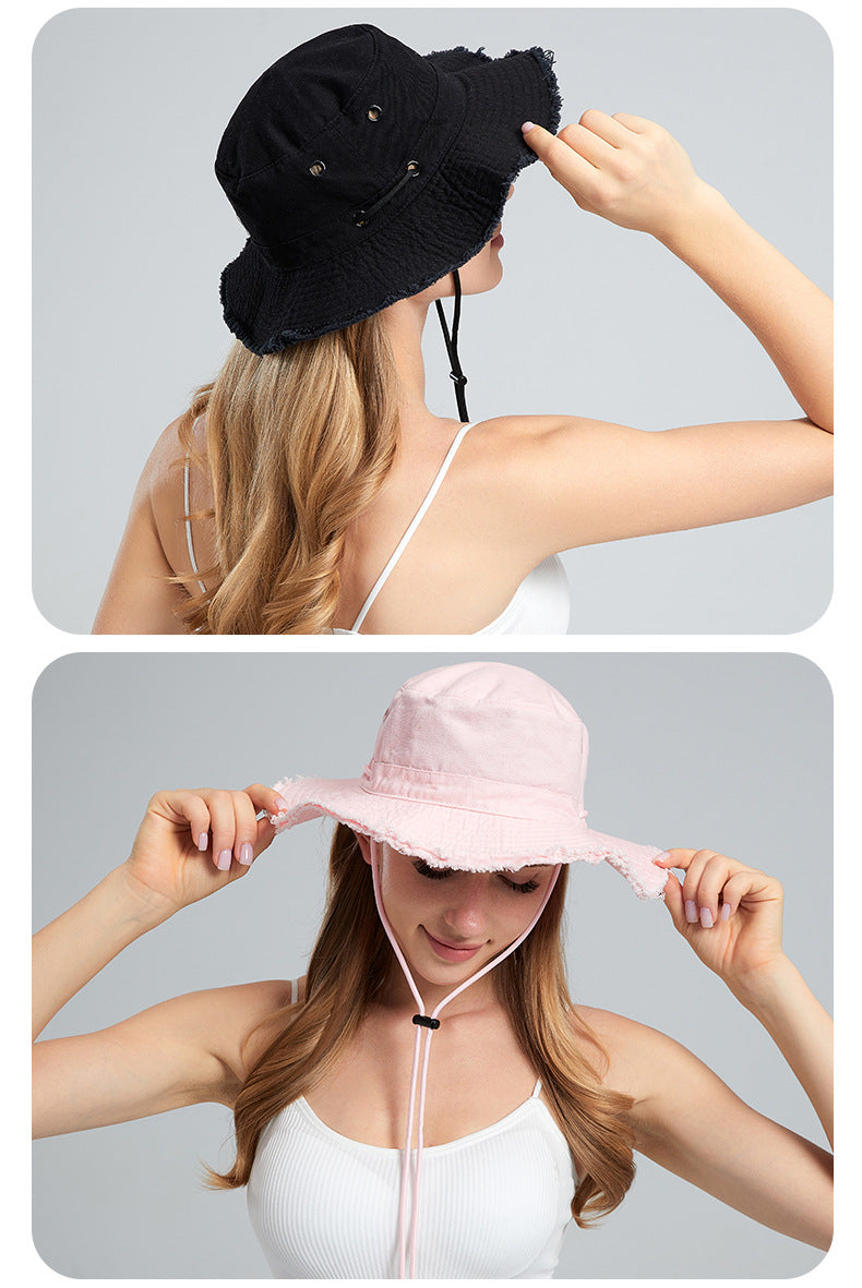 Pink Packable Cotton Bucket Hat - Folds into Wearable Pouch | Frayed Edge Sun Hat with Chin Strap V888-ELOSUNG23652