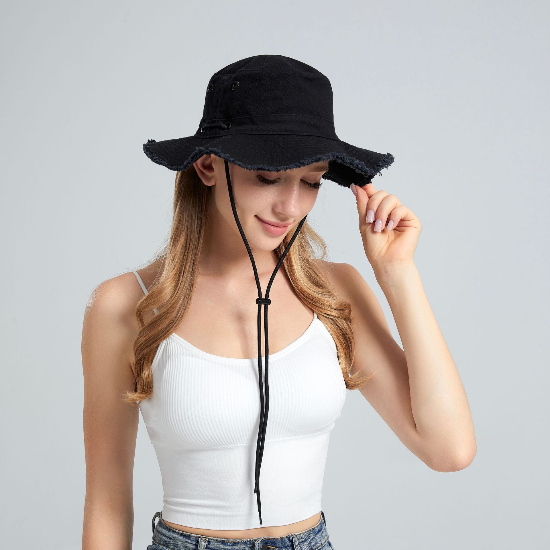 Black Packable Cotton Bucket Hat - Folds into Wearable Pouch | Frayed Edge Sun Hat with Chin Strap V888-ELOSUNG23653