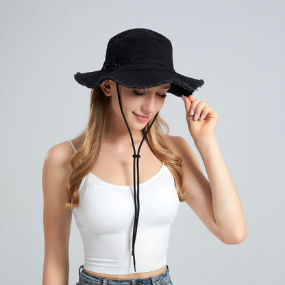 Black Packable Cotton Bucket Hat - Folds into Wearable Pouch | Frayed Edge Sun Hat with Chin Strap V888-ELOSUNG23653