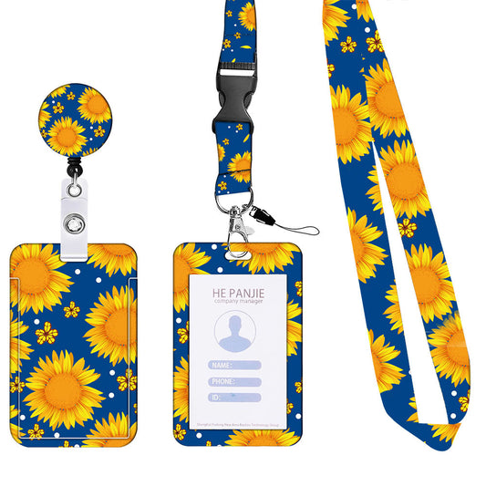 2 Pcs Yellow and Blue Sunflower Patterns Retractable Badge Reel & ID Card Holder Set with Lanyard - Durable V888-ELOSUNG23675
