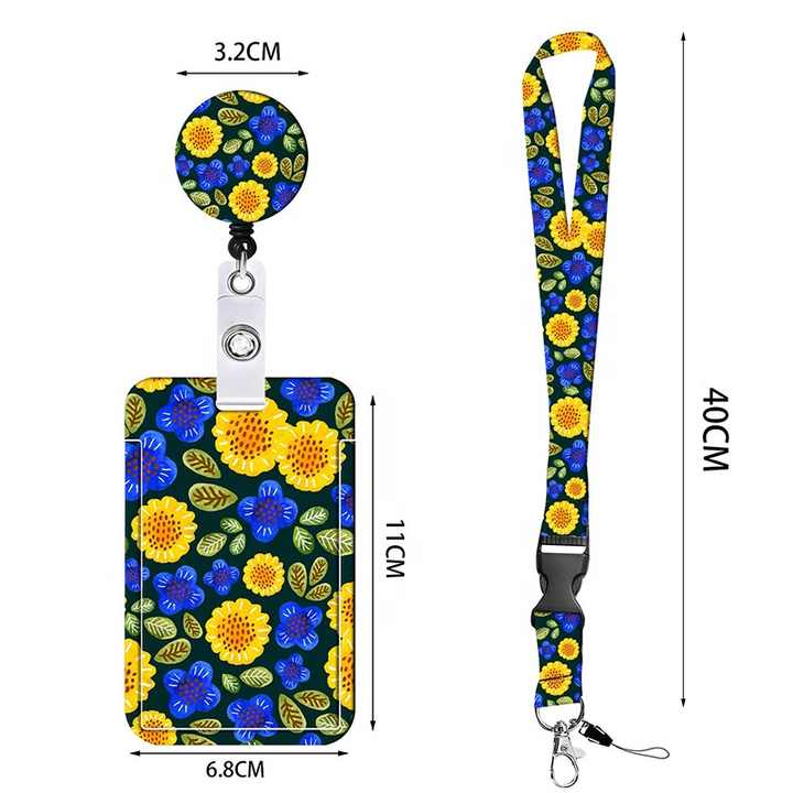 2 Pcs Yellow and Blue Sunflower Patterns Retractable Badge Reel & ID Card Holder Set with Lanyard - Durable V888-ELOSUNG23675