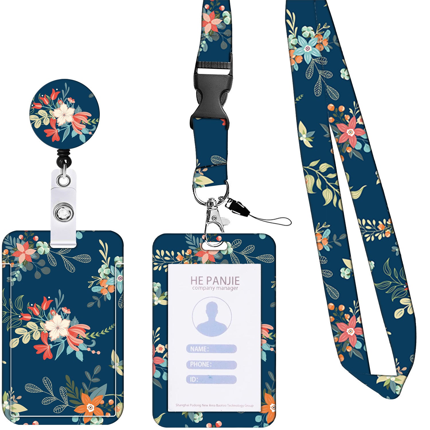 2 Pcs Blue Floral Pattern Retractable Badge Reel & ID Card Holder Set with Lanyard - Durable ABS Plastic V888-ELOSUNG23678
