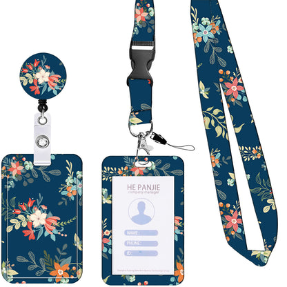 2 Pcs Blue Floral Pattern Retractable Badge Reel & ID Card Holder Set with Lanyard - Durable ABS Plastic V888-ELOSUNG23678