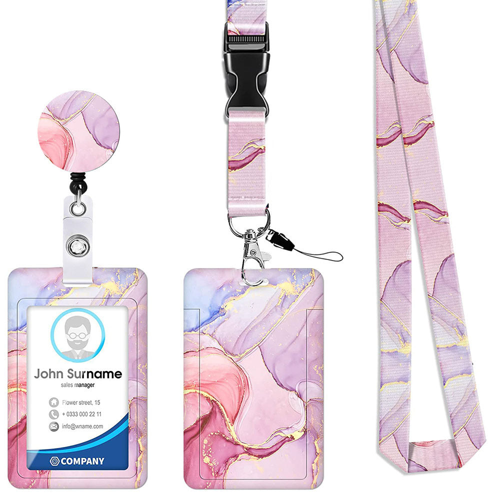 2 Pcs Pink Geometric Patterns Retractable Badge Reel & ID Card Holder Set with Lanyard - Durable ABS Plastic V888-ELOSUNG23679