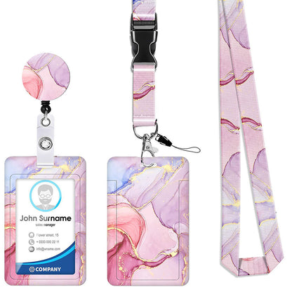 2 Pcs Pink Geometric Patterns Retractable Badge Reel & ID Card Holder Set with Lanyard - Durable ABS Plastic V888-ELOSUNG23679