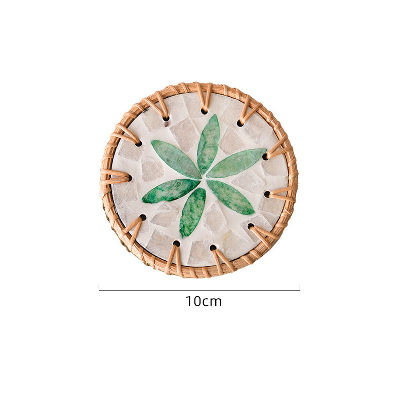 4 Pcs Beige Background With Green flower Handcrafted Rattan Coaster with Natural Shell Inlay - Decorative & V888-ELOSUNG23681