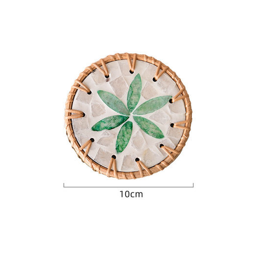 4 Pcs Beige Background With Green flower Handcrafted Rattan Coaster with Natural Shell Inlay - Decorative & V888-ELOSUNG23681