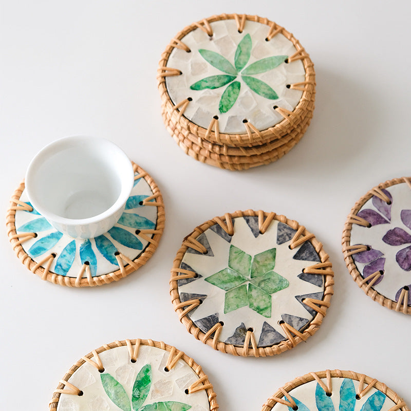 4 Pcs Beige Background With Green flower Handcrafted Rattan Coaster with Natural Shell Inlay - Decorative & V888-ELOSUNG23681