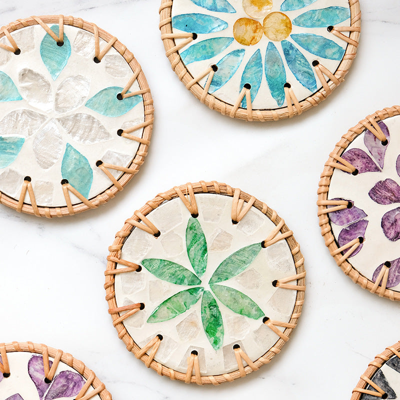 4 Pcs Beige Background With Green flower Handcrafted Rattan Coaster with Natural Shell Inlay - Decorative & V888-ELOSUNG23681
