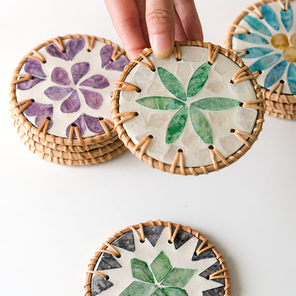 4 Pcs Beige Background With Green flower Handcrafted Rattan Coaster with Natural Shell Inlay - Decorative & V888-ELOSUNG23681