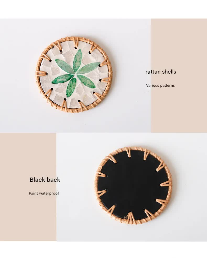 4 Pcs Beige Background With Green flower Handcrafted Rattan Coaster with Natural Shell Inlay - Decorative & V888-ELOSUNG23681