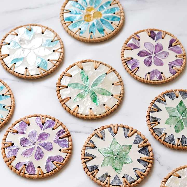 4 Pcs Beige Background With Green flower Handcrafted Rattan Coaster with Natural Shell Inlay - Decorative & V888-ELOSUNG23681
