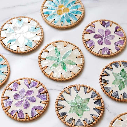 4 Pcs Beige Background With Green flower Handcrafted Rattan Coaster with Natural Shell Inlay - Decorative & V888-ELOSUNG23681