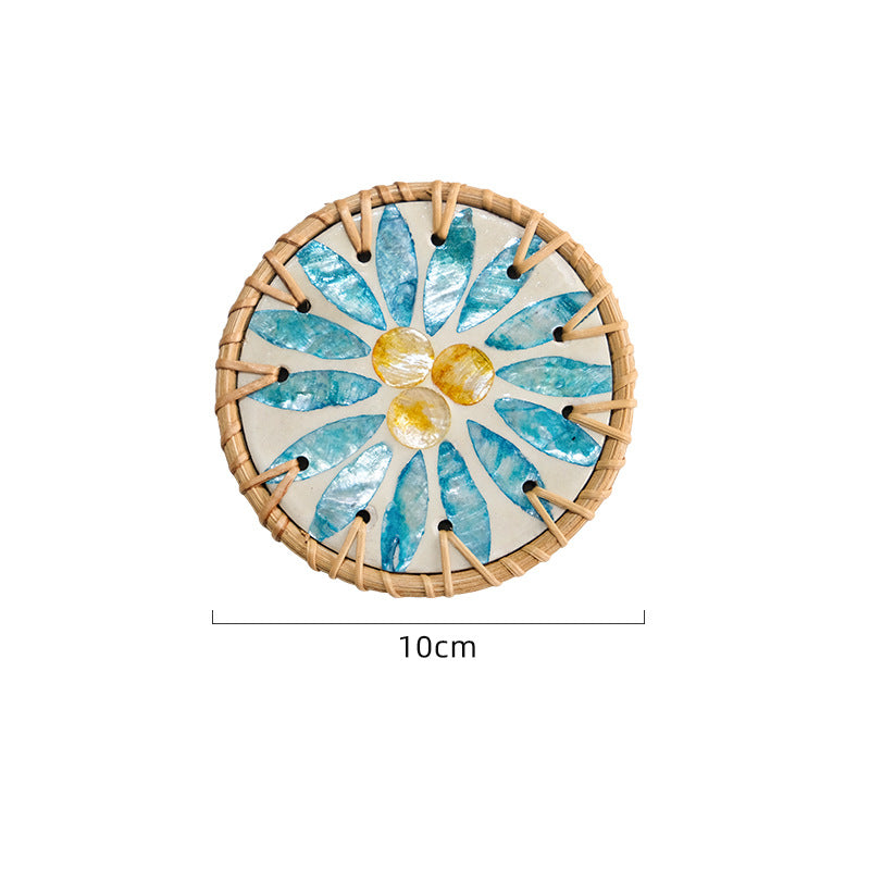 4 Pcs Beige Background With Blue flower Handcrafted Rattan Coaster with Natural Shell Inlay - Decorative & V888-ELOSUNG23682