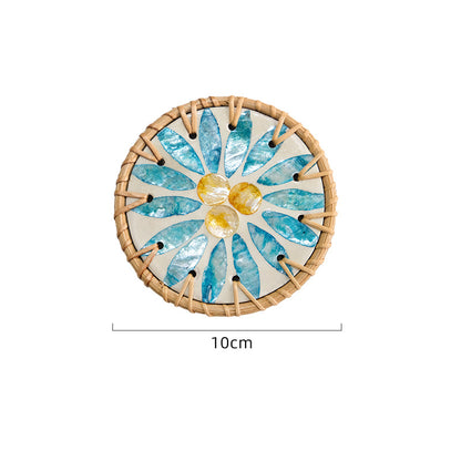 4 Pcs Beige Background With Blue flower Handcrafted Rattan Coaster with Natural Shell Inlay - Decorative & V888-ELOSUNG23682