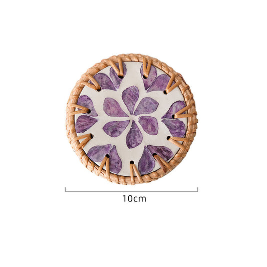 4 Pcs Beige Background With Purple flower Handcrafted Rattan Coaster with Natural Shell Inlay - Decorative & V888-ELOSUNG23683