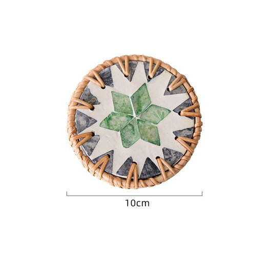4 Pcs Beige Background With Green flower Handcrafted Rattan Coaster with Natural Shell Inlay - Decorative & V888-ELOSUNG23684