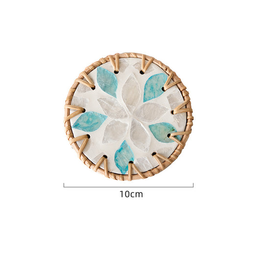 4 Pcs Beige Background With Blue and Grey flower Handcrafted Rattan Coaster with Natural Shell Inlay - V888-ELOSUNG23685