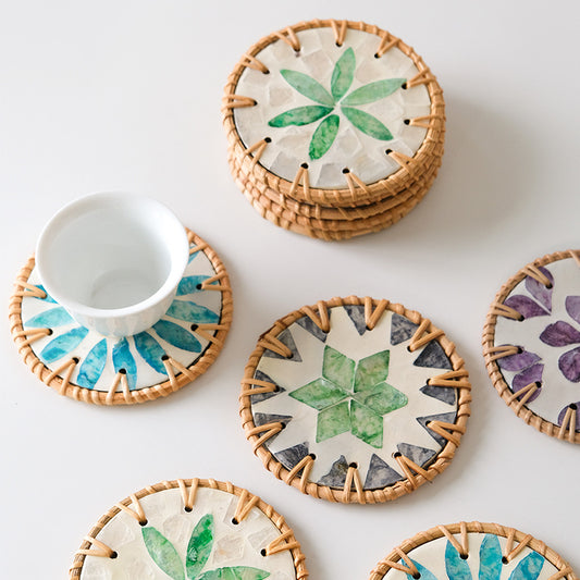 4 Pcs Beige Background With Blue and Grey flower Handcrafted Rattan Coaster with Natural Shell Inlay - V888-ELOSUNG23685