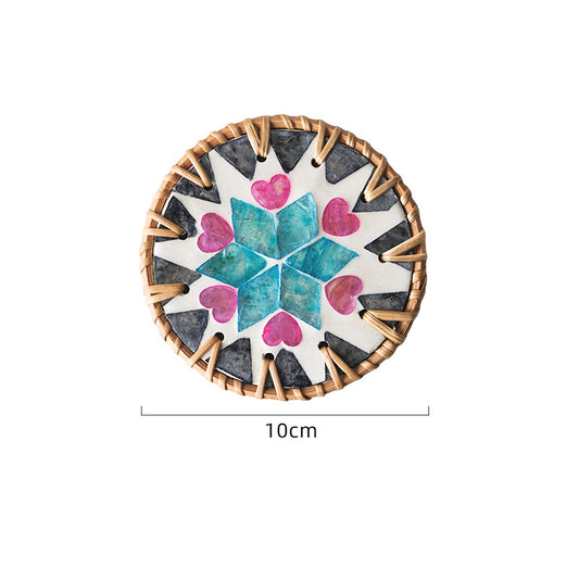 4 Pcs Beige Background With Blue and Pink flower Handcrafted Rattan Coaster with Natural Shell Inlay - V888-ELOSUNG23687
