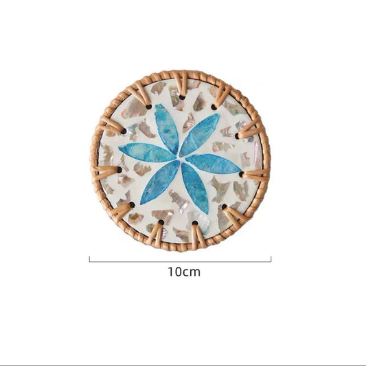 4 Pcs Khaki Background With Blue flower Handcrafted Rattan Coaster with Natural Shell Inlay - Decorative & V888-ELOSUNG23689