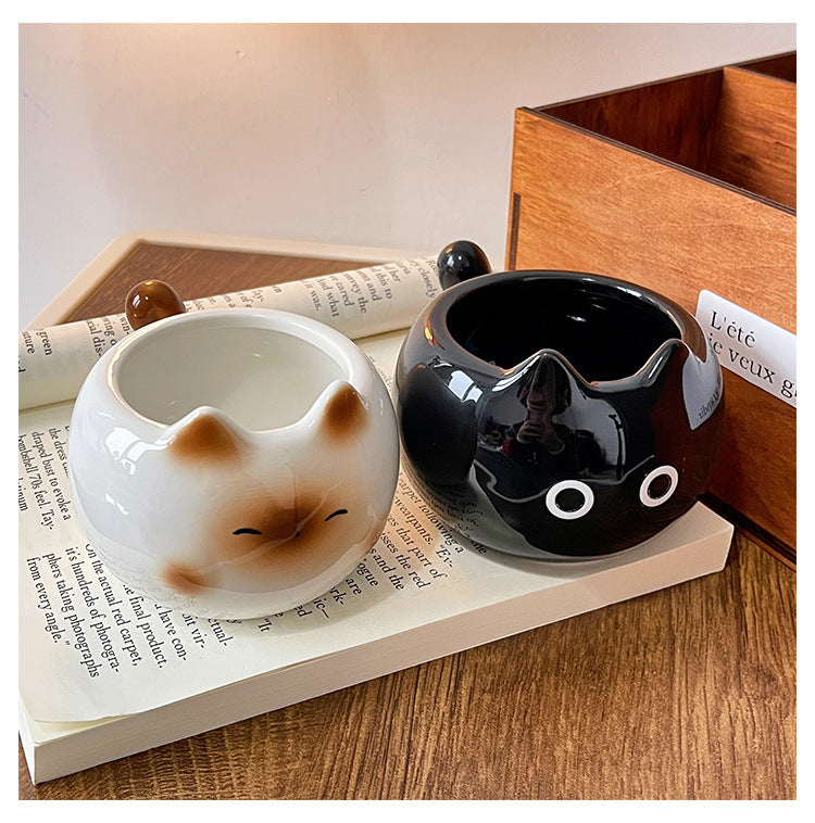 White And Brown Adorable Ceramic Cat Mug - Cute Creative Coffee Cup with Tail Handle (210ml) V888-ELOSUNG23690