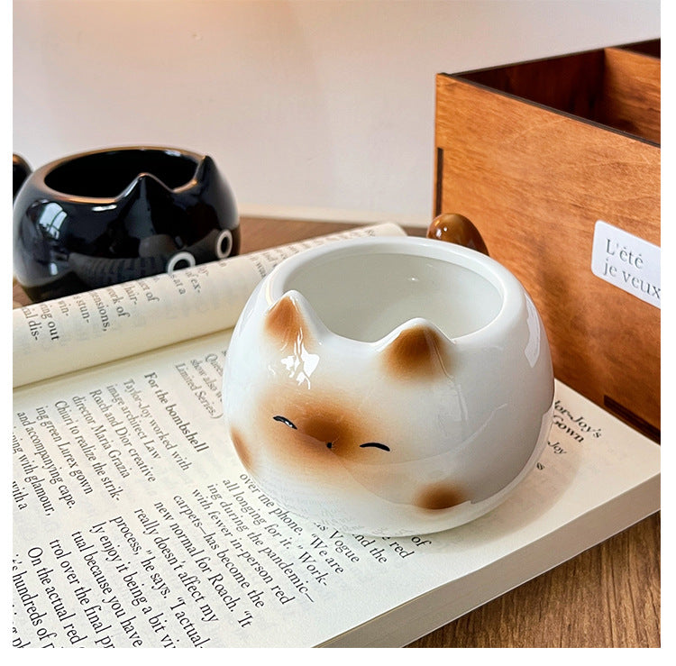 White And Brown Adorable Ceramic Cat Mug - Cute Creative Coffee Cup with Tail Handle (210ml) V888-ELOSUNG23690