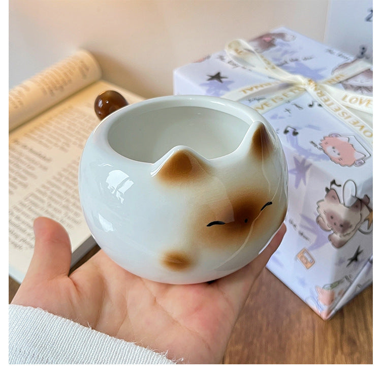 White And Brown Adorable Ceramic Cat Mug - Cute Creative Coffee Cup with Tail Handle (210ml) V888-ELOSUNG23690