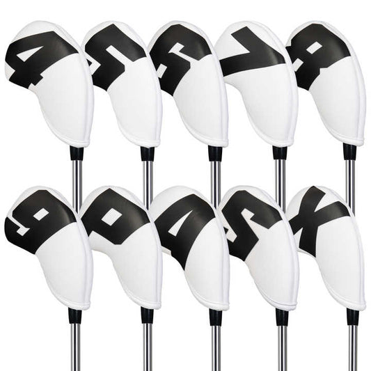 Black Words On White Background PU Leather Golf Iron Headcovers Set (10pcs) - Numbered Protective Club Covers V888-ELOSUNG23739