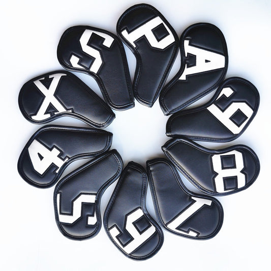White Words On Black Background PU Leather Golf Iron Headcovers Set (10pcs) - Numbered Protective Club Covers V888-ELOSUNG23740