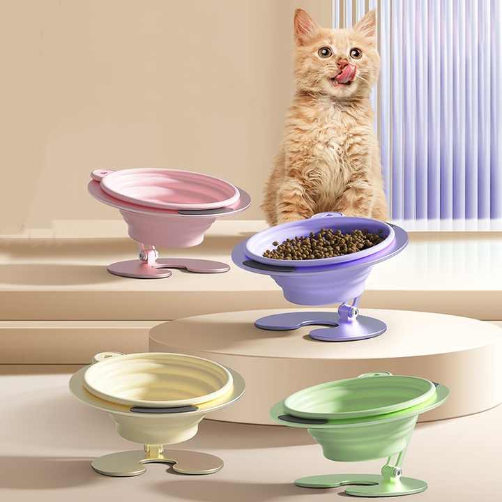 Green Foldable Elevated Pet Bowl Set - Tilted Ergonomic Cat Feeder with Aluminum Stand & Silicone Bowl V888-ELOSUNG23743