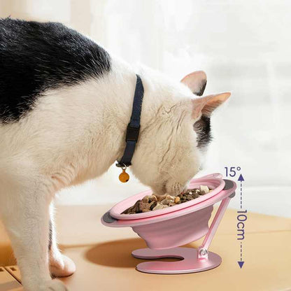 Yellow Foldable Elevated Pet Bowl Set - Tilted Ergonomic Cat Feeder with Aluminum Stand & Silicone Bowl V888-ELOSUNG23744