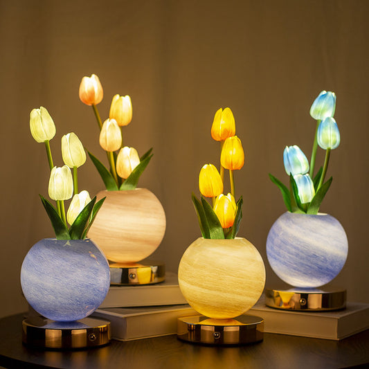 Blue Tulip Night Light with Realistic Bouquet - Dreamy Planet LED Mood Lamp for Bedroom Decor with 3-Color V888-ELOSUNG23760