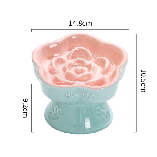 Blue and Pink Ceramic Slow Feeder Pet Bowl for Cats and Small Dogs - Anti-Choke Elevated Design with V888-ELOSUNG23764