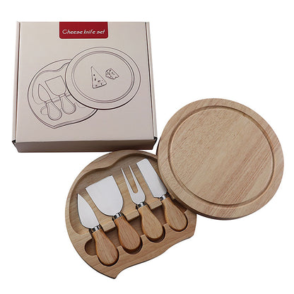 Brown And Silver Compact Round Rubberwood Cheese Board Set | 4 Stainless Steel Knives & Tools V888-ELOSUNG23802