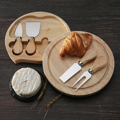 Brown And Silver Compact Round Rubberwood Cheese Board Set | 4 Stainless Steel Knives & Tools V888-ELOSUNG23802