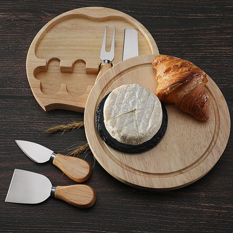 Brown And Silver Compact Round Rubberwood Cheese Board Set | 4 Stainless Steel Knives & Tools V888-ELOSUNG23802