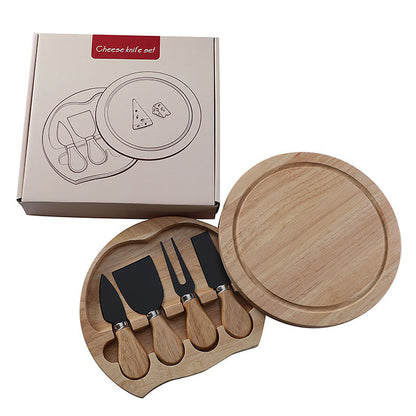Brown And Black Compact Round Rubberwood Cheese Board Set | 4 Stainless Steel Knives & Tools V888-ELOSUNG23803