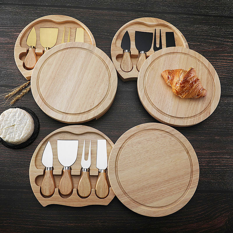 Brown And Black Compact Round Rubberwood Cheese Board Set | 4 Stainless Steel Knives & Tools V888-ELOSUNG23803