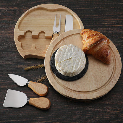 Brown And Black Compact Round Rubberwood Cheese Board Set | 4 Stainless Steel Knives & Tools V888-ELOSUNG23803