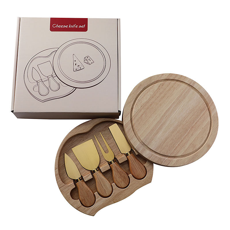 Brown And Gold Compact Round Rubberwood Cheese Board Set | 4 Stainless Steel Knives & Tools V888-ELOSUNG23804