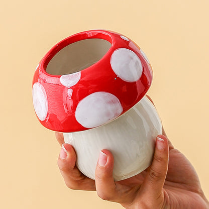 Red And White Adorable Ceramic Mushroom Desk Organizer - Cute Pen & Makeup Brush Holder V888-ELOSUNG23820